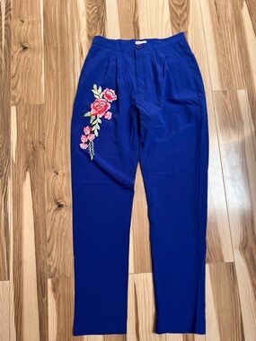 Solaris Style blue pants with embroidered flower detail NWT